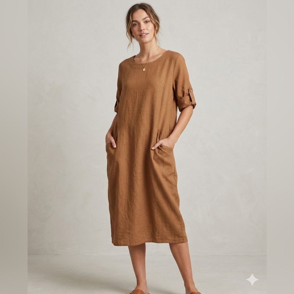 Kaktus Coastal Linen Cotton Lagenlook S/S Pockets
Shift Dress Womens Small